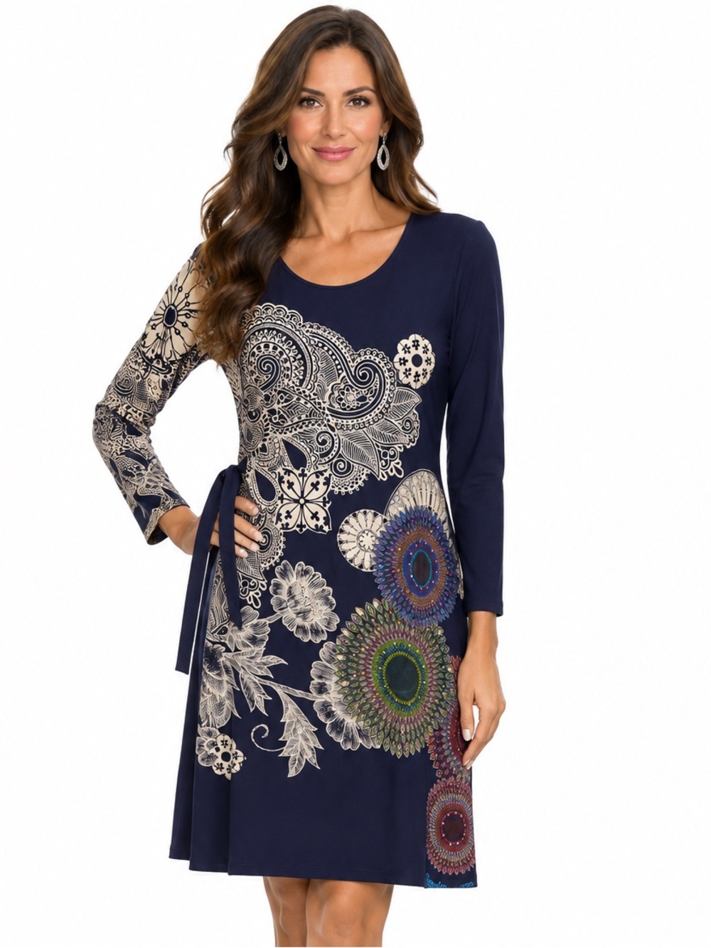 Desigual Black Long Sleeve Dress with Cream Floral and Colorful Mandala Accents